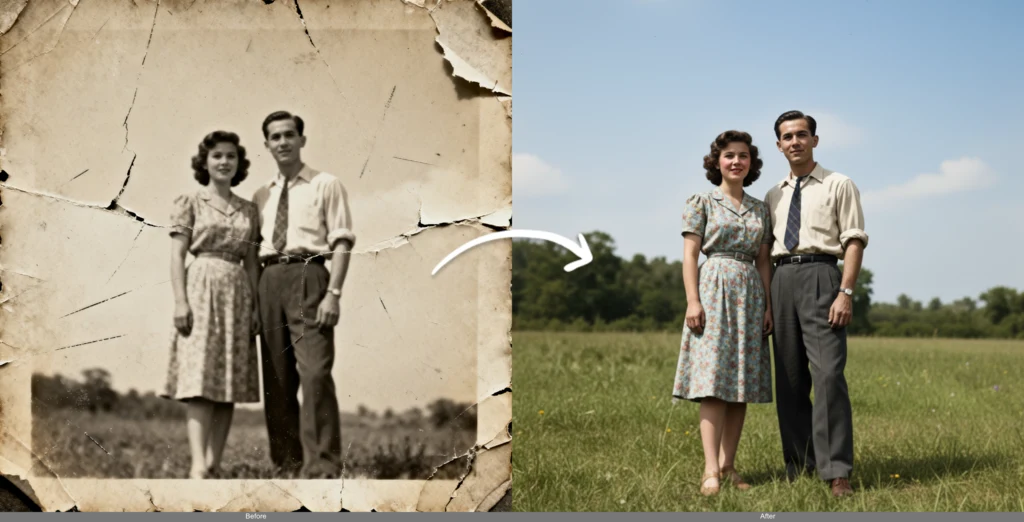 Restore & Colorize Old Photos — AI image editing before and after example