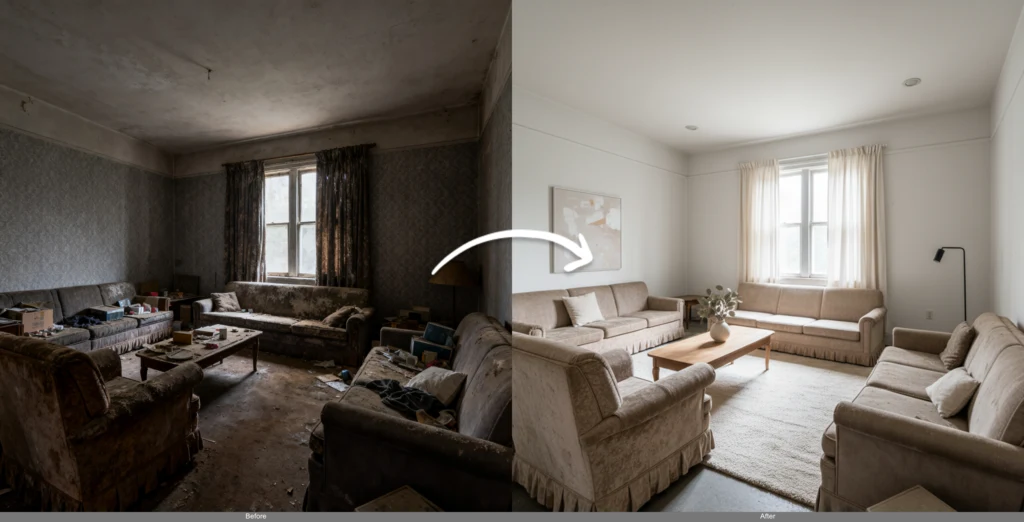 Virtually Stage & Declutter Rooms — AI image editing before and after example
